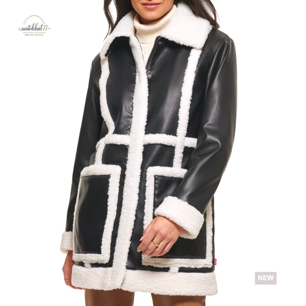 Long Faux Leather Jacket Sherpa Lined Collar Cuffs Zipper Closure Oversized